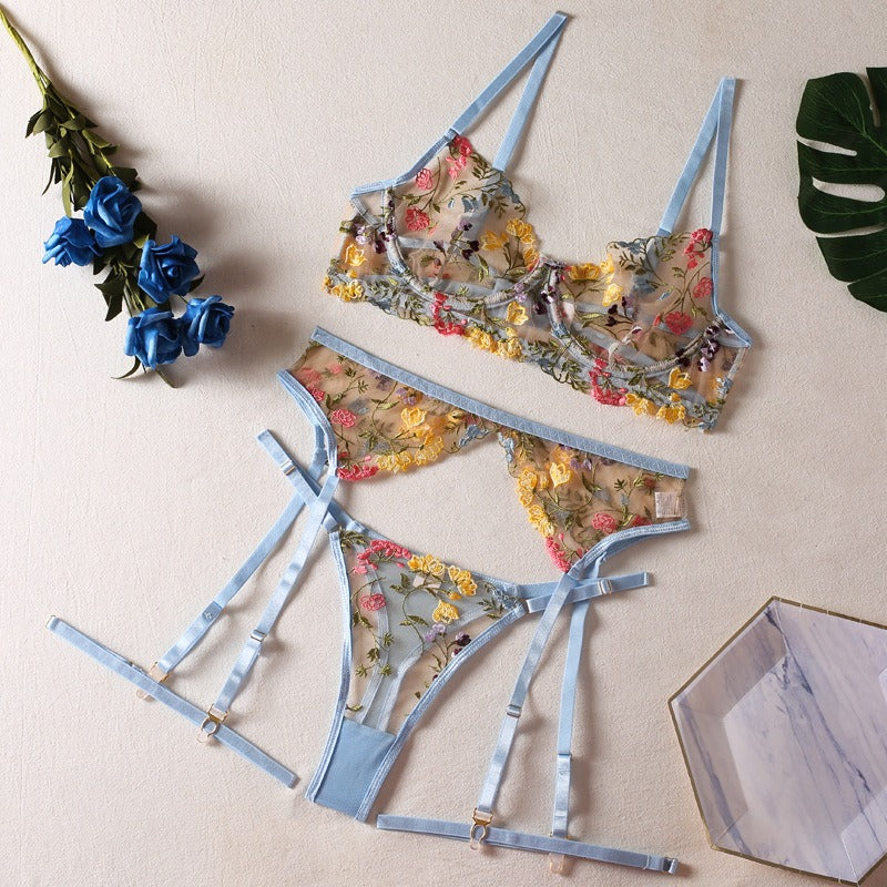 Sexy See-Through Yellow Garden Floral Bra Garter Belt Thong With Leg Ring Three Sets Of Erotic Underwear Set
