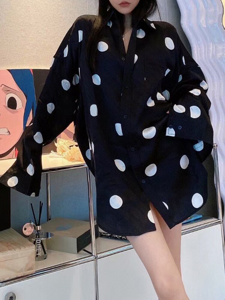 Print Dot Two Piece Set Womens Lapel Long Sleeve Shirt High Waist Loose Shorts Colorblock Sets Female Clothing