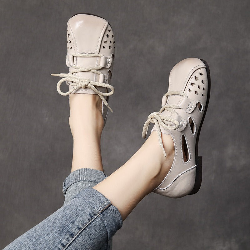 Genuine Leather Sandals, Soft Soles, Mothers Toe Layer, Cowhide Wrap, Hollowed Out Womens Shoes, Lace Up Flat Shoes