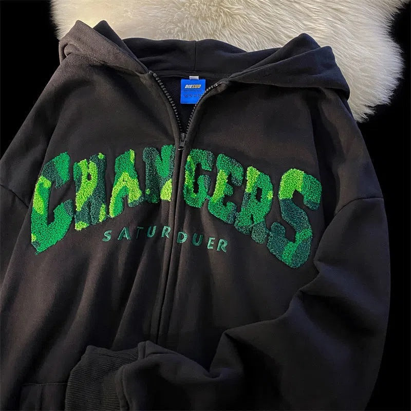 American Vintage Green Flock Embroidery Hoodie Sweater Womens Spring And Autumn New Small High Quality Coat Ins