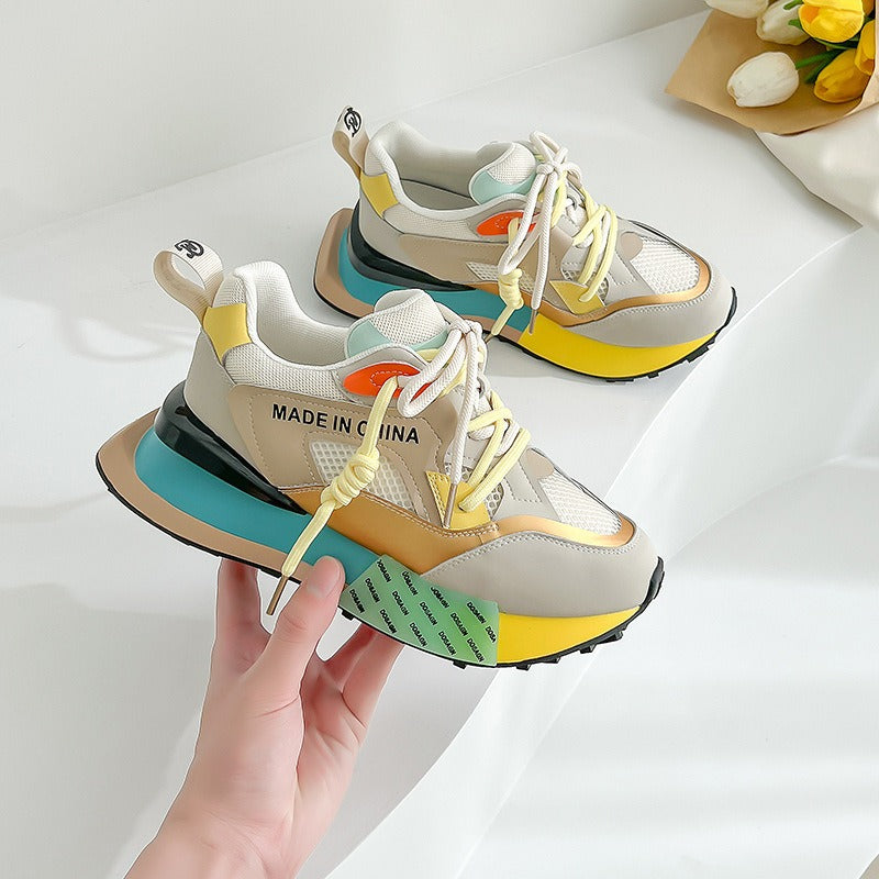 Womens Genuine Leather Sneakers Lace Up Rainbow Colors Platform Pearls Chain Decor Girls Shoes