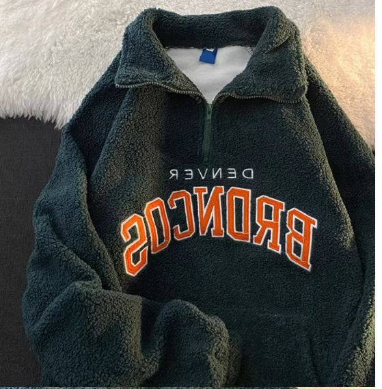 New Embroidery Sweater Womens Half Zip Autumn Winter Loose Plush Thickened Lazy Lamb Fleece Coat