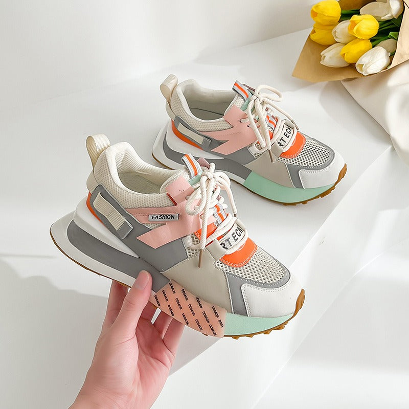 Womens Genuine Leather Sneakers Lace Up Rainbow Colors Platform Pearls Chain Decor Girls Shoes