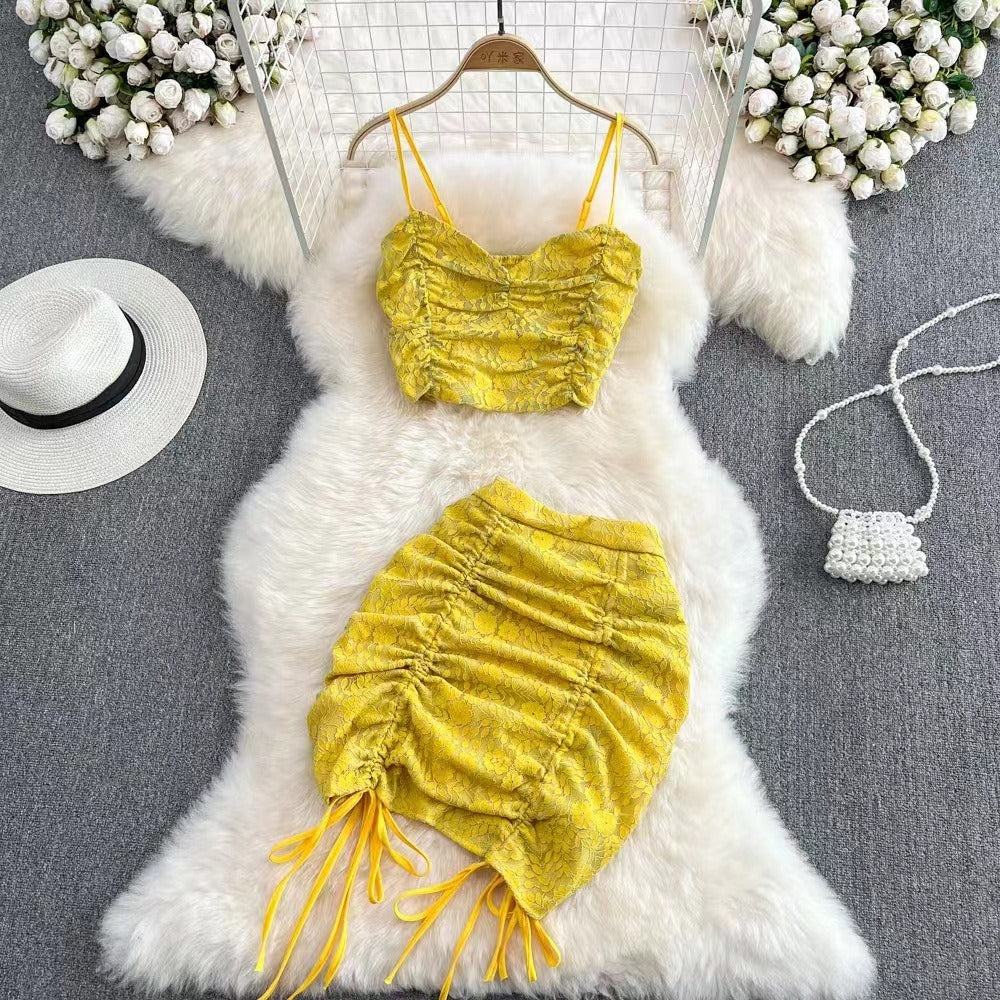 European and American Style Sexy Womens Lace Two Piece Hooked Flower Strap Top High Waist Drawstring Wrapped Hip Half Skirt Set