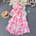 Oblique Shoulder Bubble Sleeves Chiffon Dress Womens Bubble Sleeves Wrapped Waist Large Swing Flower Fairy Long Dress