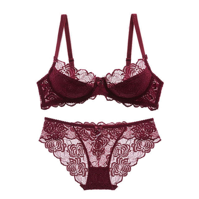 Sexy Bra Ultrathin Underwear Set Plus Size C D Cup Women Transparent Bra Sets Lace Embroidery Lingerie Gray Brassiere