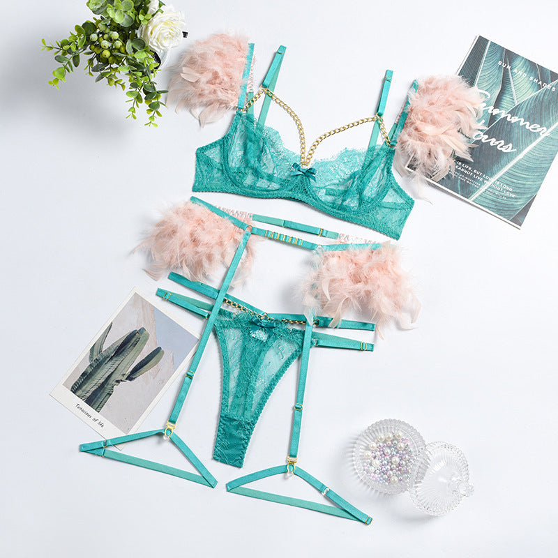Feather Sexy Lingerie with Chain Lace Transparent Mesh Set for Women