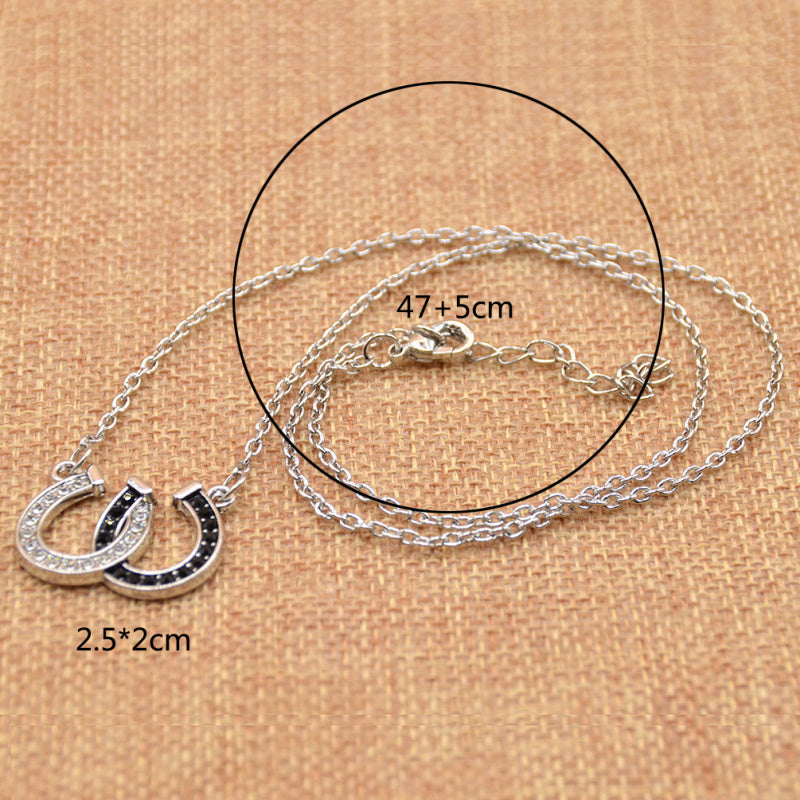 lychee Horse Hoof Necklace Lucky Rhinestone Double Black White Color Horseshoe Pendant Necklace Jewellery