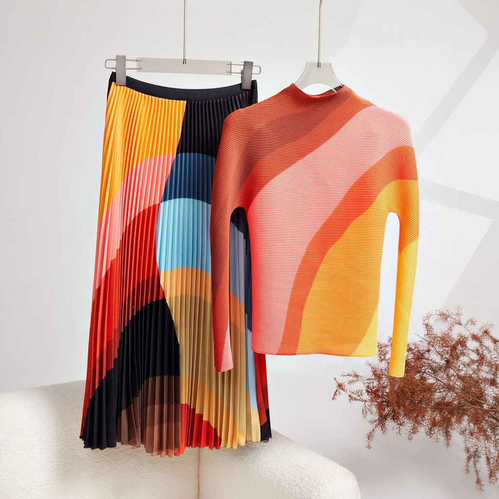 Miyake Pleated Plus Size Skirt Suit New High-end Light Luxury Womens Fashion Temperament Suit Female Two-piece Set Clothing