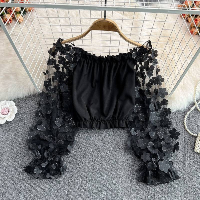 Off Shoulder Three Dimensional Flower Perspective Mesh Patchwork Chiffon Shirt for Womens Loose Waist Short Off Shoulder Top