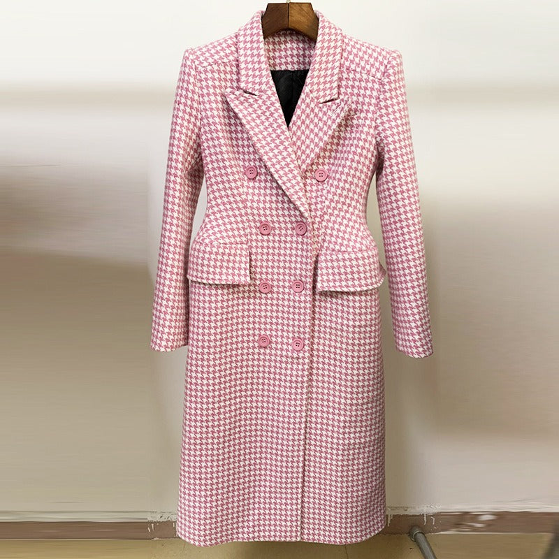 Plaid Spliced Pockets Cotton Turn-Down Collar Slim Double Breasted Fashion Womens Tweed Outerwear