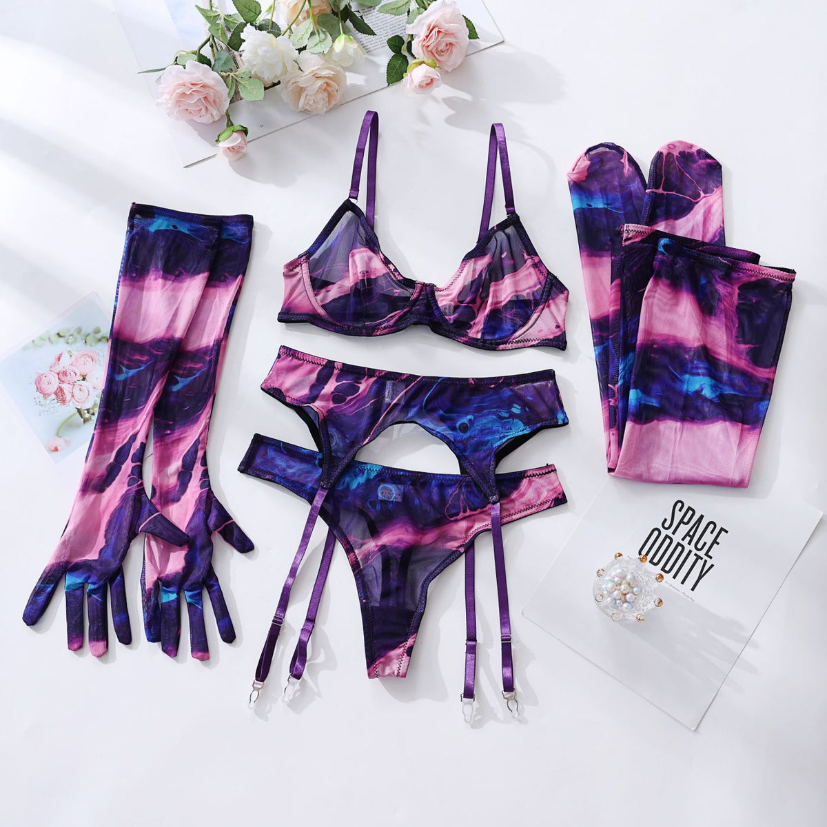 Lingerie Set with Gloves and Stockings - Mesh Printed Design