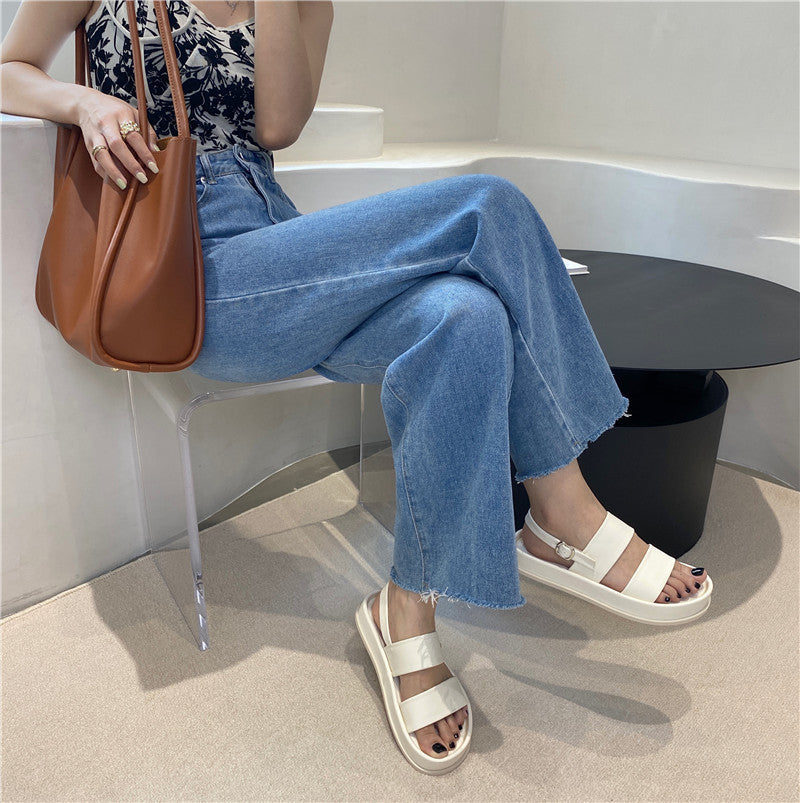 Womens Peep Toe Platform Denim Jeans Sandals Gladiator Summer Beach Shoes Girls Roman