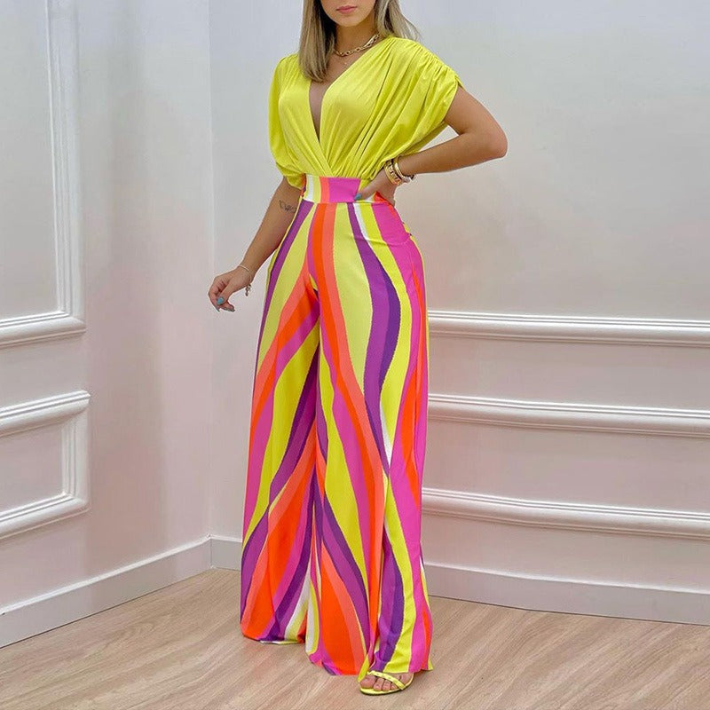 European and American Womens Clothing Ins Summer New Style Temperament V Neck Printed Wide Leg Pants Fashion Casual Set