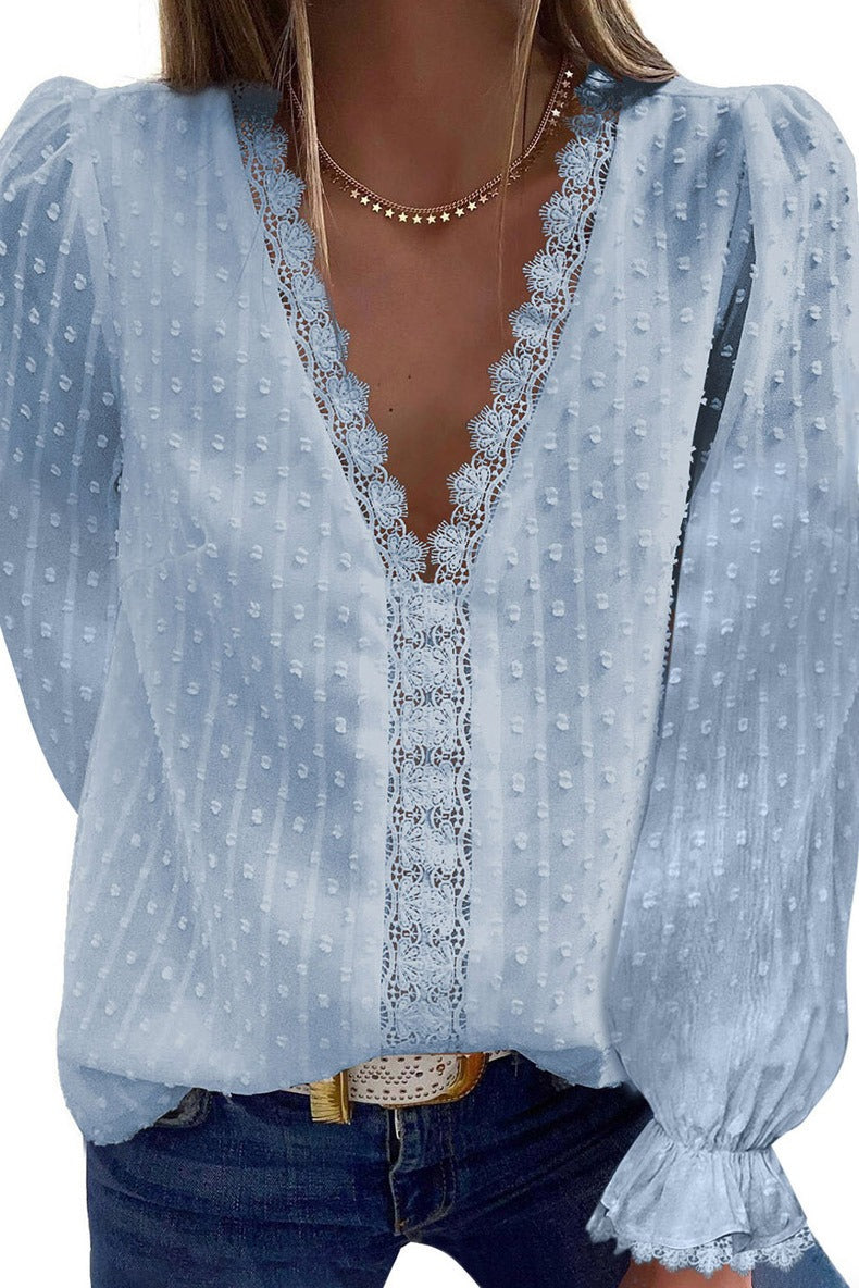 European and American Womens Solid Color V Neck Lace Embroidery Lace Long Sleeved Chiffon Shirt Solid Color Top for Women
