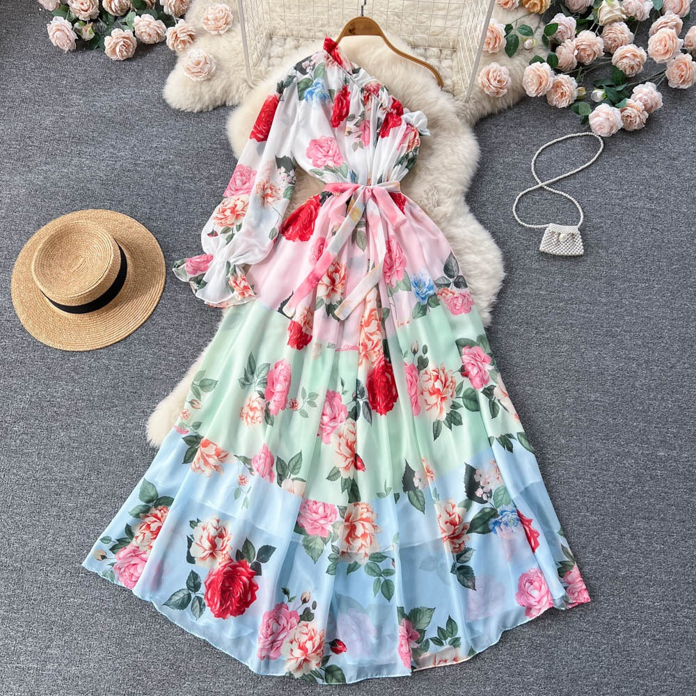 Oblique Shoulder Bubble Sleeves Chiffon Dress Womens Bubble Sleeves Wrapped Waist Large Swing Flower Fairy Long Dress