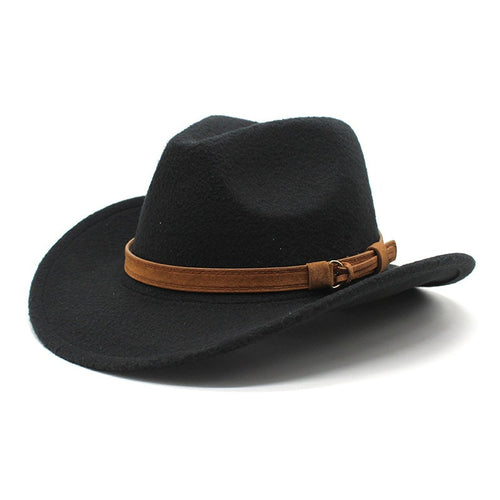 Casual Versatile Retro Camel Belt Autumn Winter Mens and Womens Woolen Western Denim Hat Wide Brim Sun Shade Top Hat