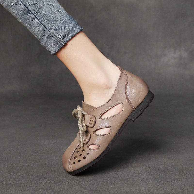 Genuine Leather Sandals, Soft Soles, Mothers Toe Layer, Cowhide Wrap, Hollowed Out Womens Shoes, Lace Up Flat Shoes