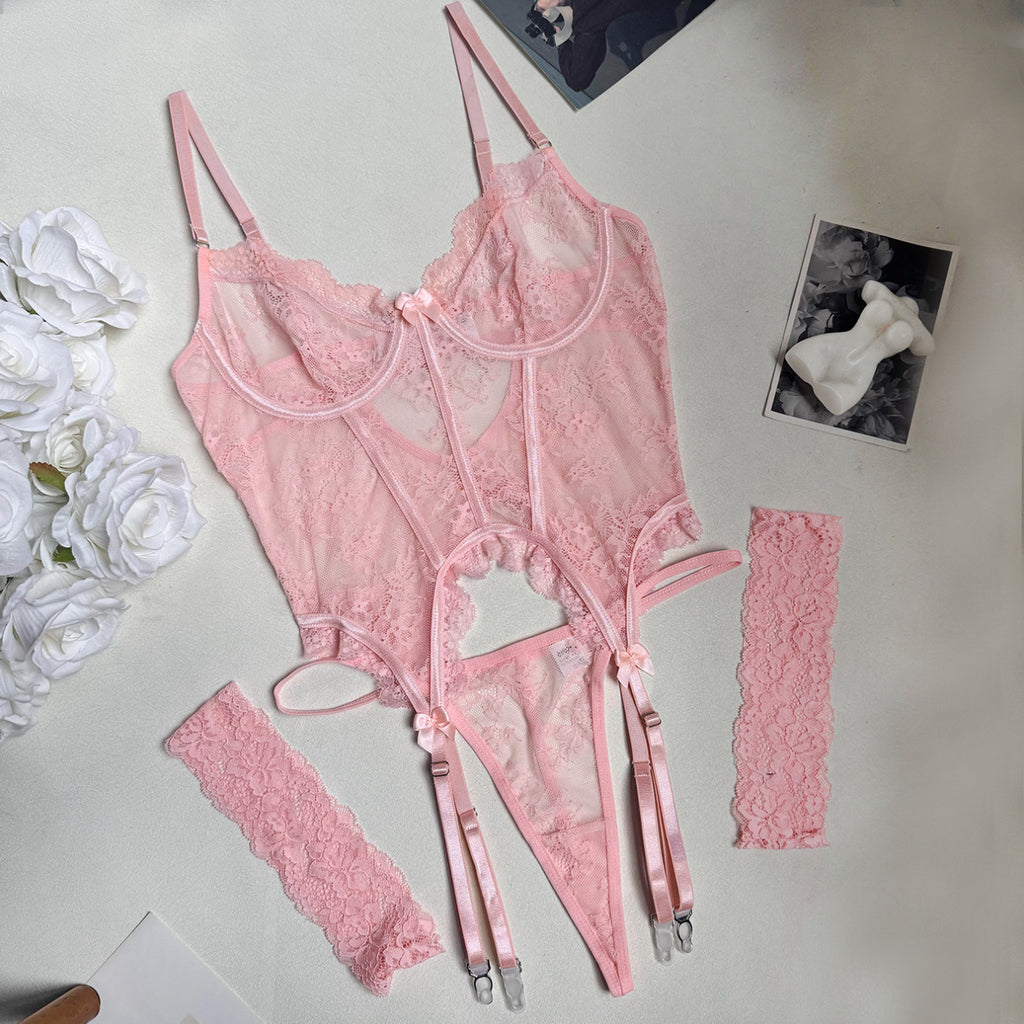 Lace Trimmed Cute and Sexy Spliced Sheer Fitted Bra and Lingerie Set