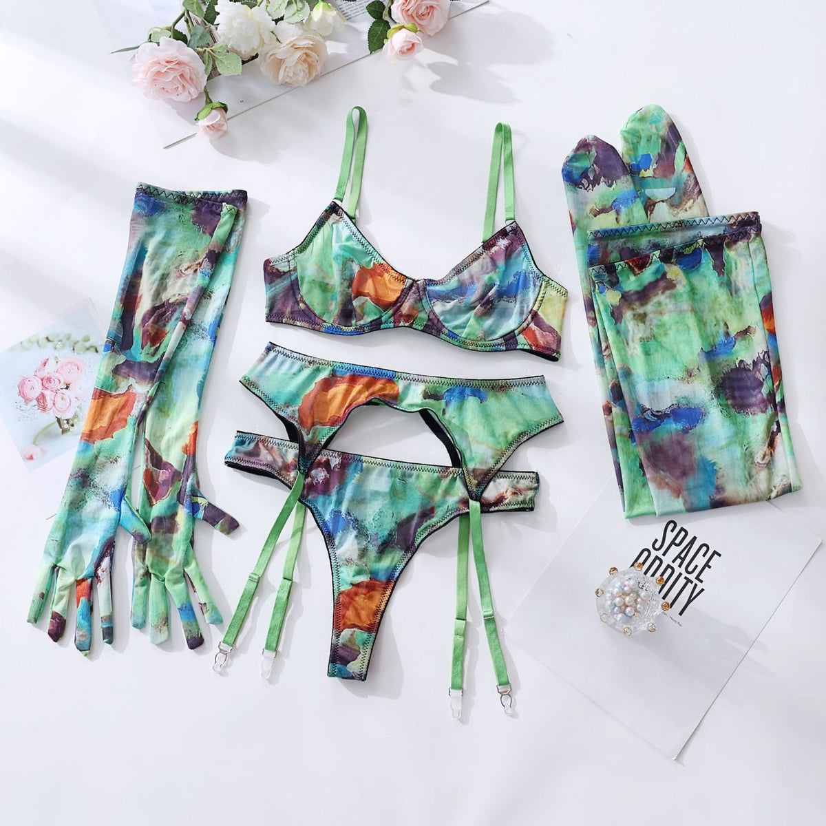 Lingerie Set with Gloves and Stockings - Mesh Printed Design