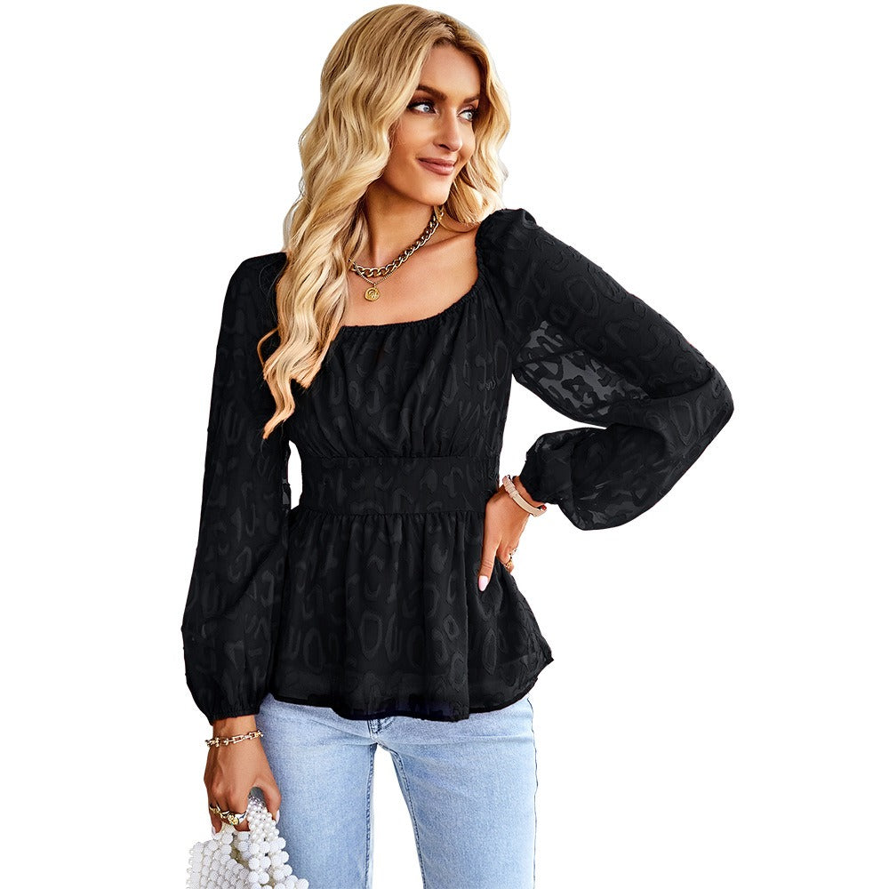 French Square Neck Fashion Womens Four Seasons Long Top, Long Sleeved Chiffon Shirt, Slim Fitting and Slimming Top