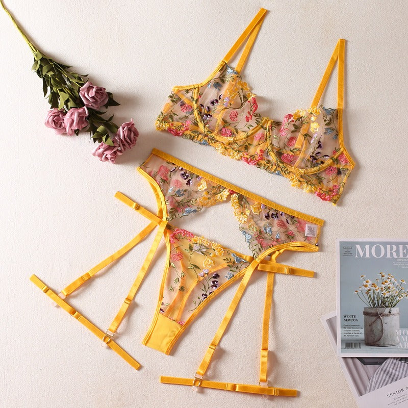Sexy See-Through Yellow Garden Floral Bra Garter Belt Thong With Leg Ring Three Sets Of Erotic Underwear Set