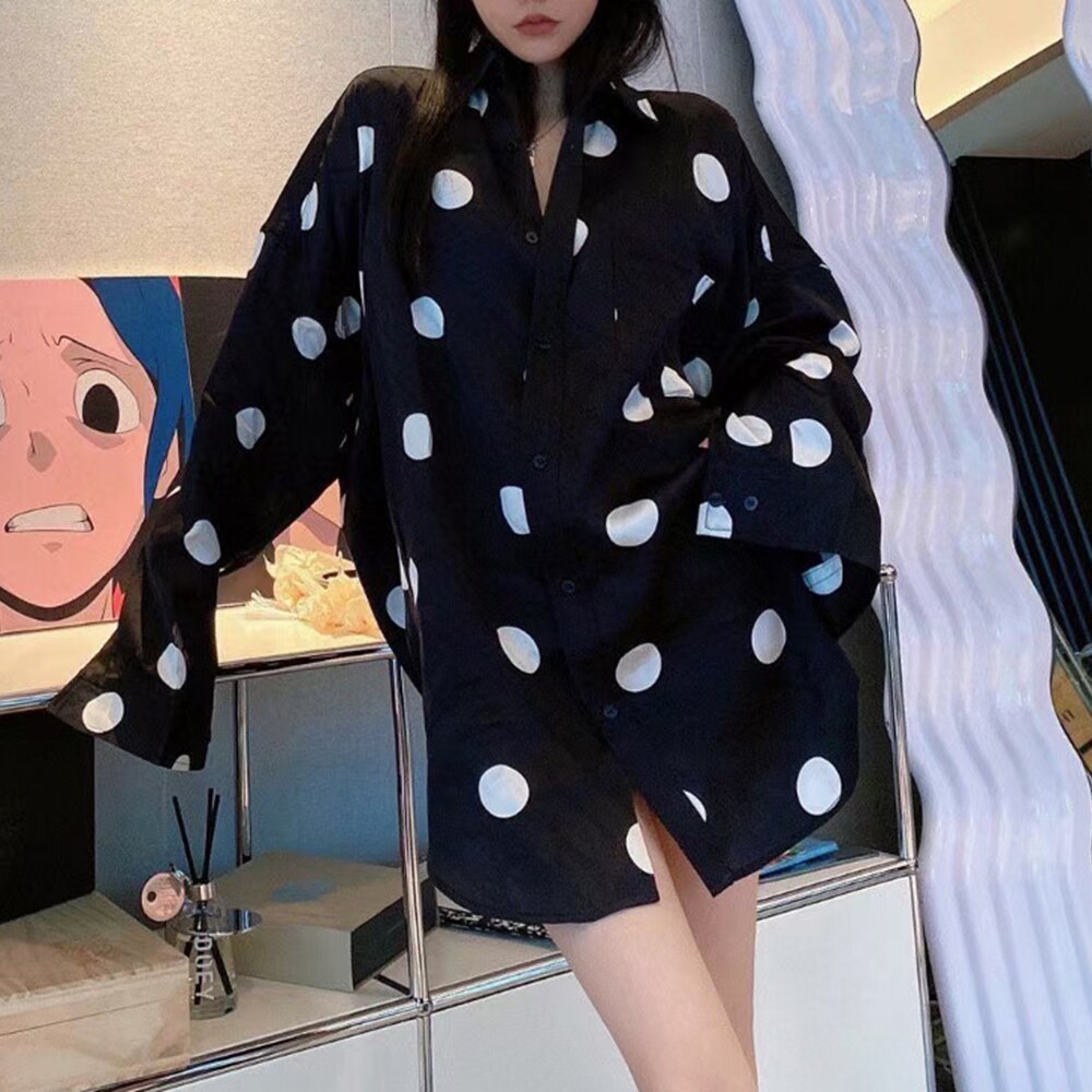 Print Dot Two Piece Set Womens Lapel Long Sleeve Shirt High Waist Loose Shorts Colorblock Sets Female Clothing
