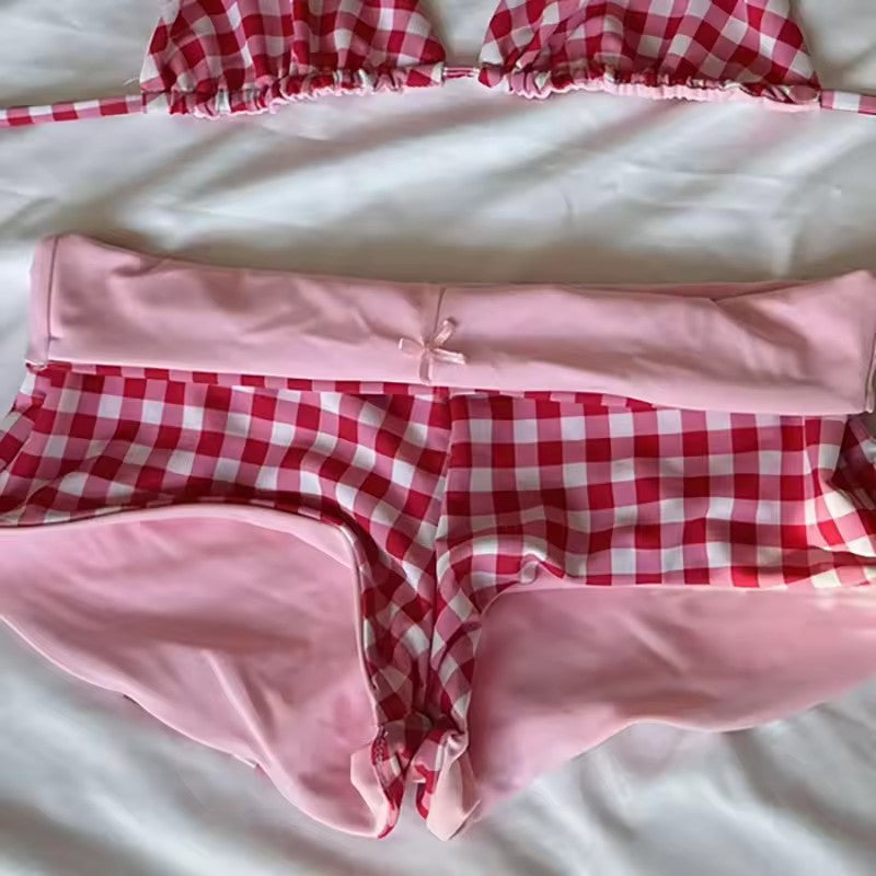 Plaid Bow Sweet Style Sexy Lingerie Set