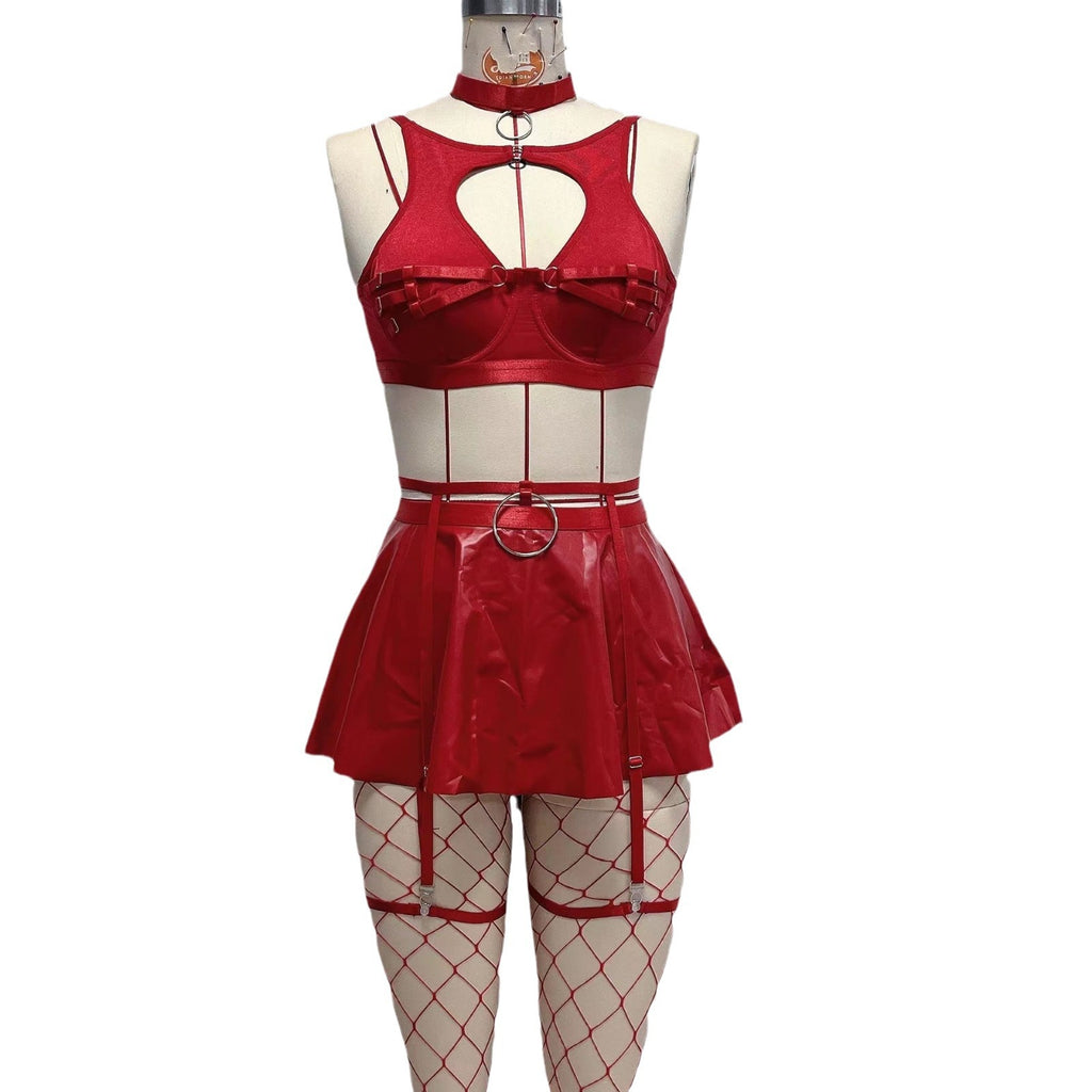 Lace Erotic Lingerie Set Sexy Bra Set Solid Color Leather