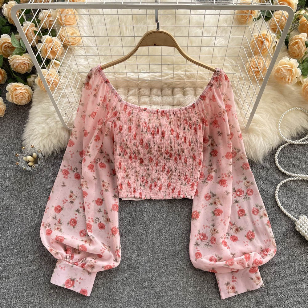 Vintage Fragmented Flowers Small Fresh Short Open Navel Shirt Womens Lace up Bow Tie Super Immortal Style Bubble Sleeve Top