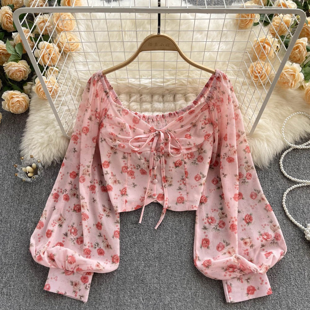Vintage Fragmented Flowers Small Fresh Short Open Navel Shirt Womens Lace up Bow Tie Super Immortal Style Bubble Sleeve Top