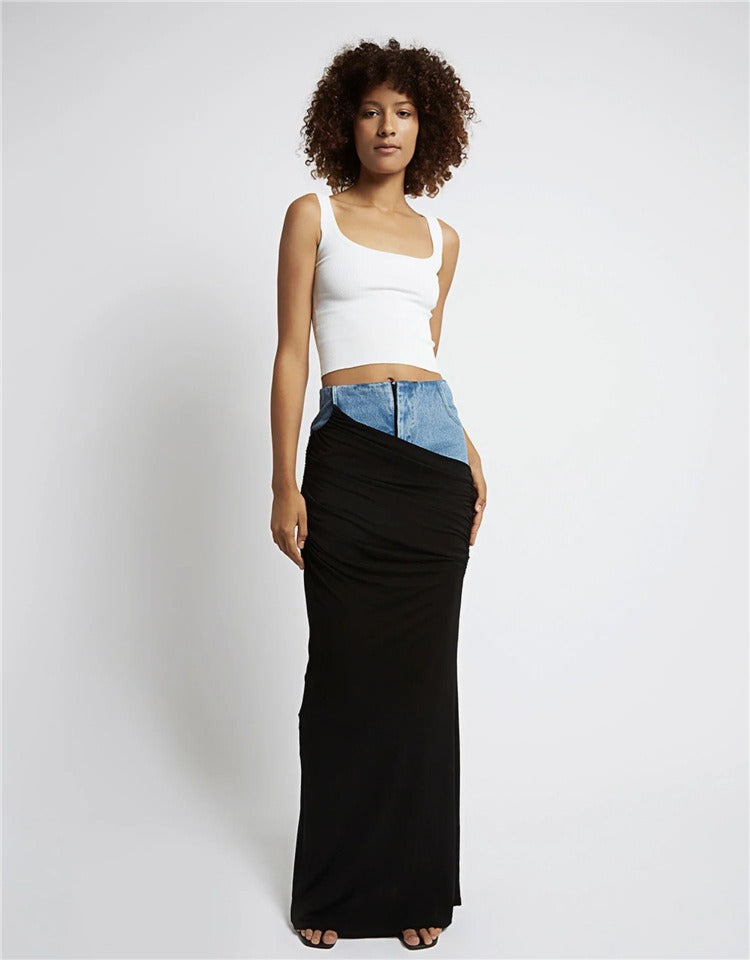 Modern Deconstructed High Waist Half Skirt Womens New Black Pleated Panel Design Long denim Half Skirt