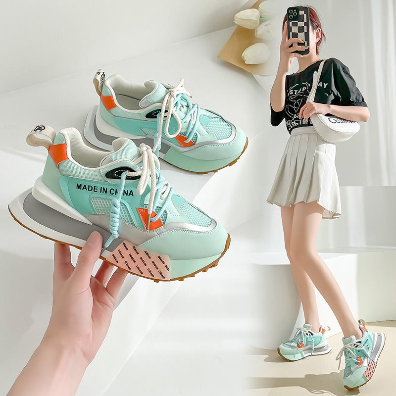 Womens Genuine Leather Sneakers Lace Up Rainbow Colors Platform Pearls Chain Decor Girls Shoes