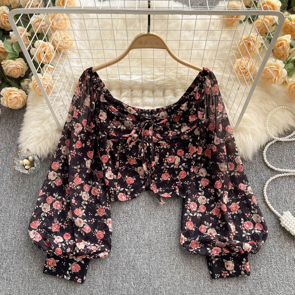 Vintage Fragmented Flowers Small Fresh Short Open Navel Shirt Womens Lace up Bow Tie Super Immortal Style Bubble Sleeve Top