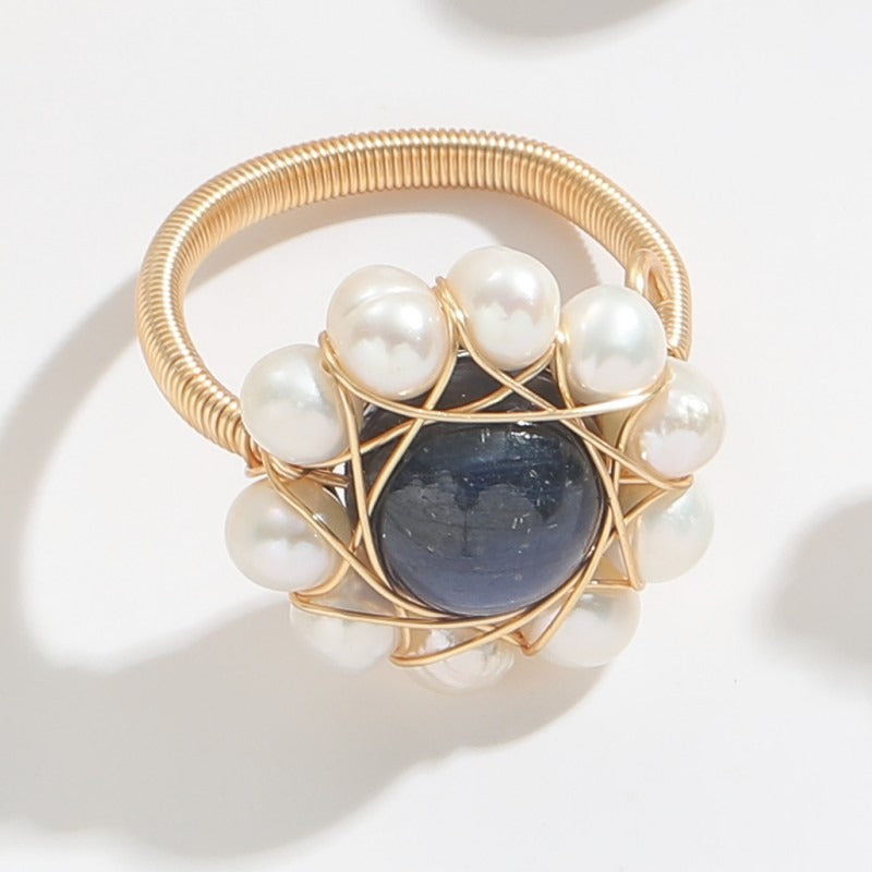 Natural Stone Freshwater Pearl Ring 14K Gold Wrapped Ins Style Simple Womens Red Marble Agate Ring Handpiece