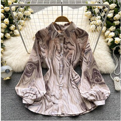 Spring Office Lady Chic Vintage Print Tie-Dye Shirts Womens Single-Breasted Pleated Chiffon Blouses Tops 10 Colors Clothing