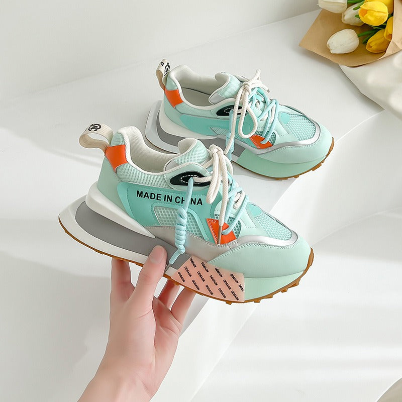 Womens Genuine Leather Sneakers Lace Up Rainbow Colors Platform Pearls Chain Decor Girls Shoes