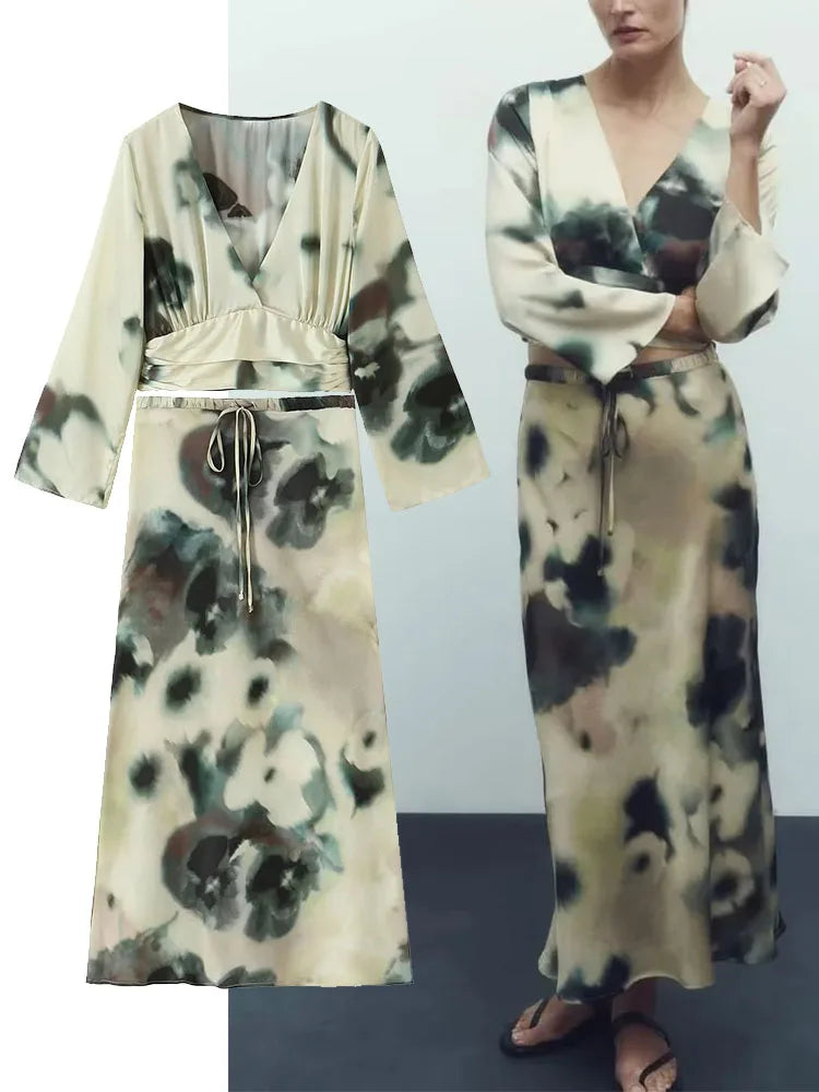 womens two peice sets  Fashion Tie Dyed Print Satin Short Blouse Tops + Midi Long Skirts summer sets womens outfits