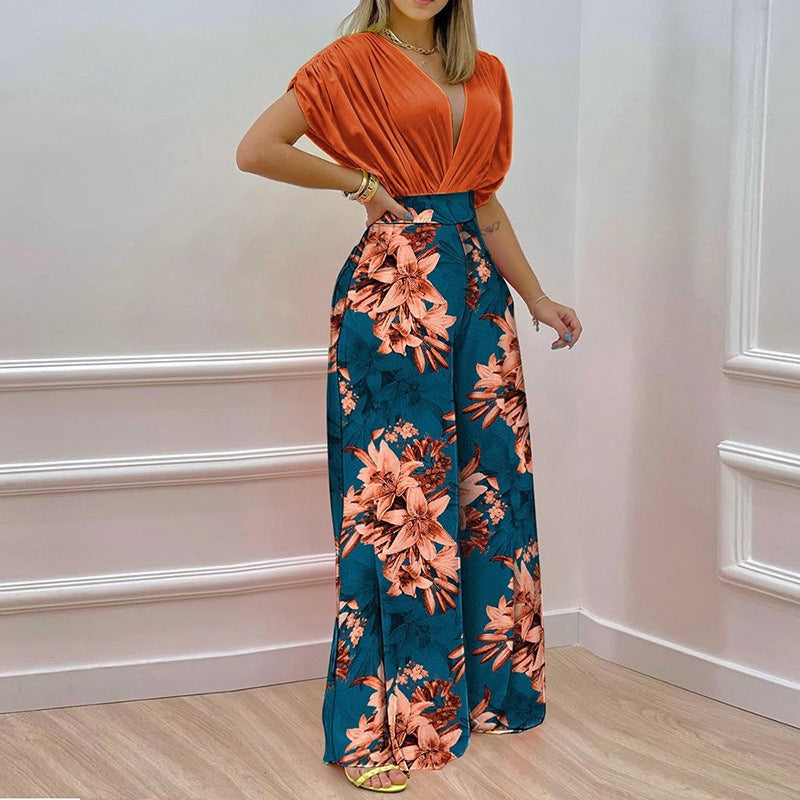 European and American Womens Clothing Ins Summer New Style Temperament V Neck Printed Wide Leg Pants Fashion Casual Set