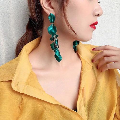 Dark Blue Green Beautiful Exaggerated Fairy Flower Petal Tassel Earrings Trendy Western Earrings Womens Pendent Jewelry