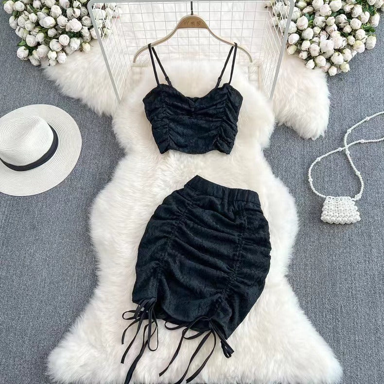 European and American Style Sexy Womens Lace Two Piece Hooked Flower Strap Top High Waist Drawstring Wrapped Hip Half Skirt Set