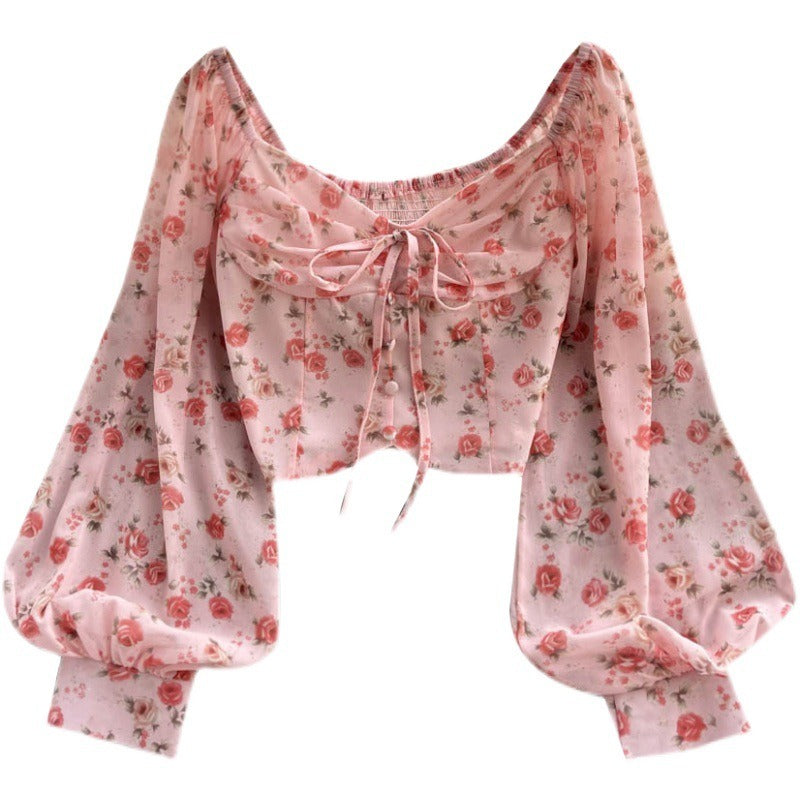 Vintage Fragmented Flowers Small Fresh Short Open Navel Shirt Womens Lace up Bow Tie Super Immortal Style Bubble Sleeve Top