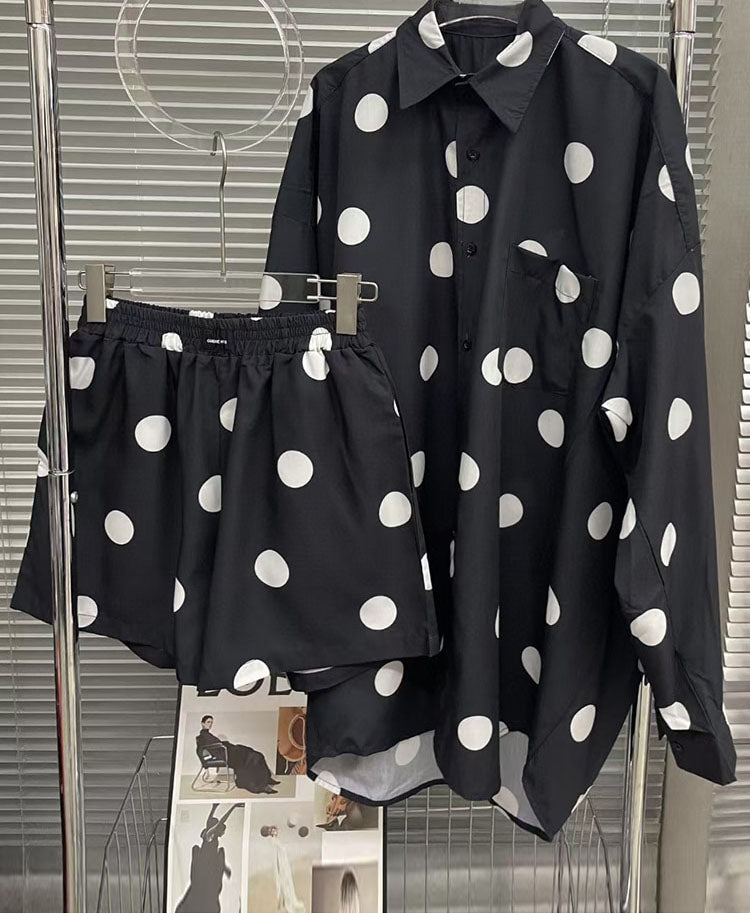 Print Dot Two Piece Set Womens Lapel Long Sleeve Shirt High Waist Loose Shorts Colorblock Sets Female Clothing