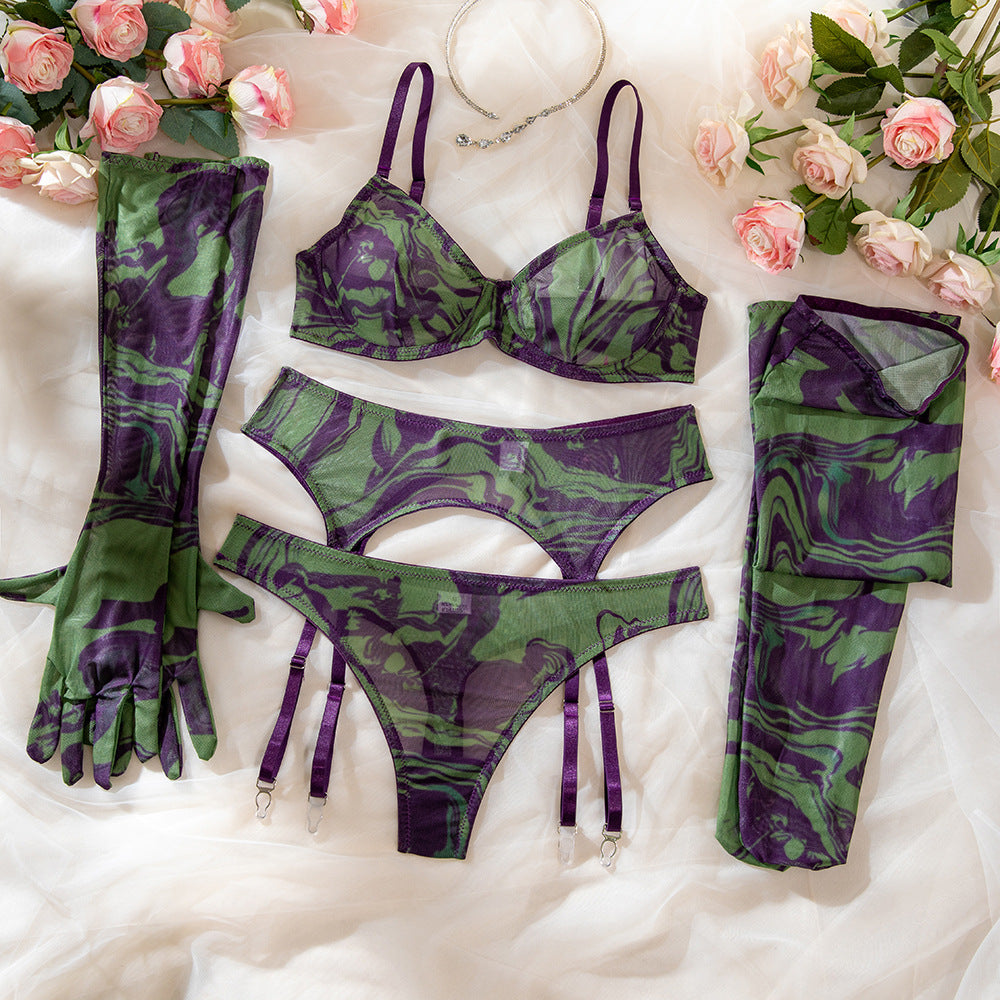 Erotic Lingerie Set with Gloves and Socks - Sexy Underwear with Lace and Printed Fabric