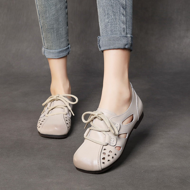 Genuine Leather Sandals, Soft Soles, Mothers Toe Layer, Cowhide Wrap, Hollowed Out Womens Shoes, Lace Up Flat Shoes