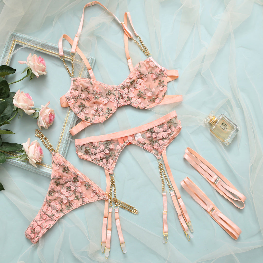 New Lace Flower Embroidery Sexy Perspective Temptation Sling Lingerie Suit