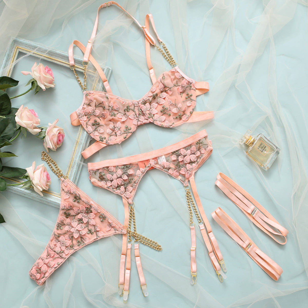 New Lace Flower Embroidery Sexy Perspective Temptation Sling Lingerie Suit