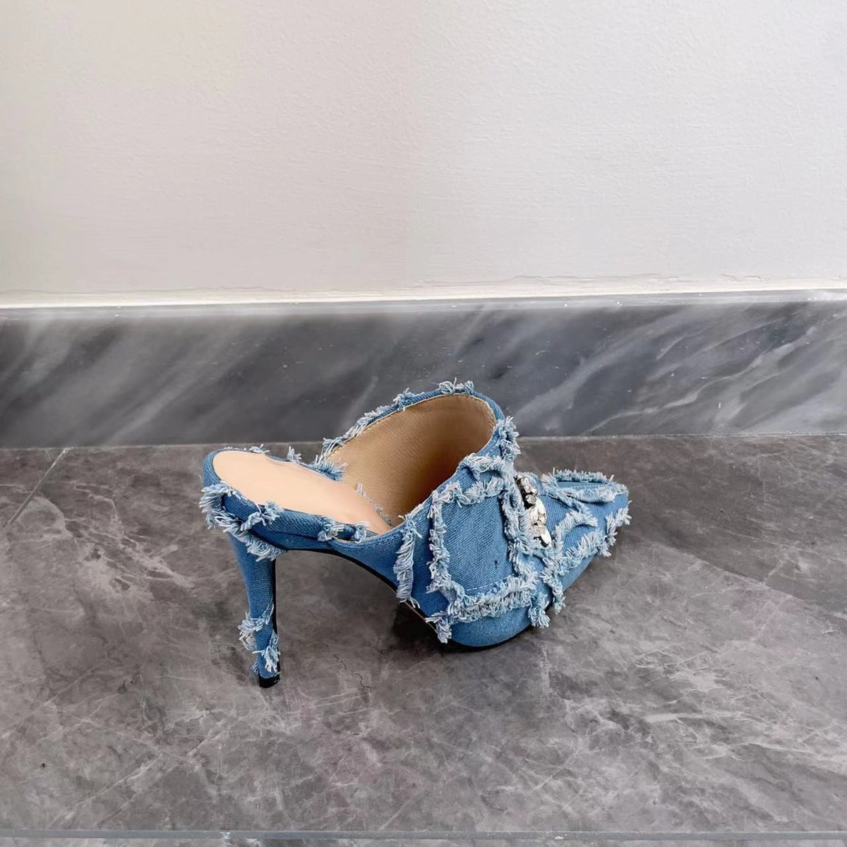 Womens Rainbow Colors Sequins Rhinestones Bling Mules Stilettos High Heel Denim Jeans Slippers