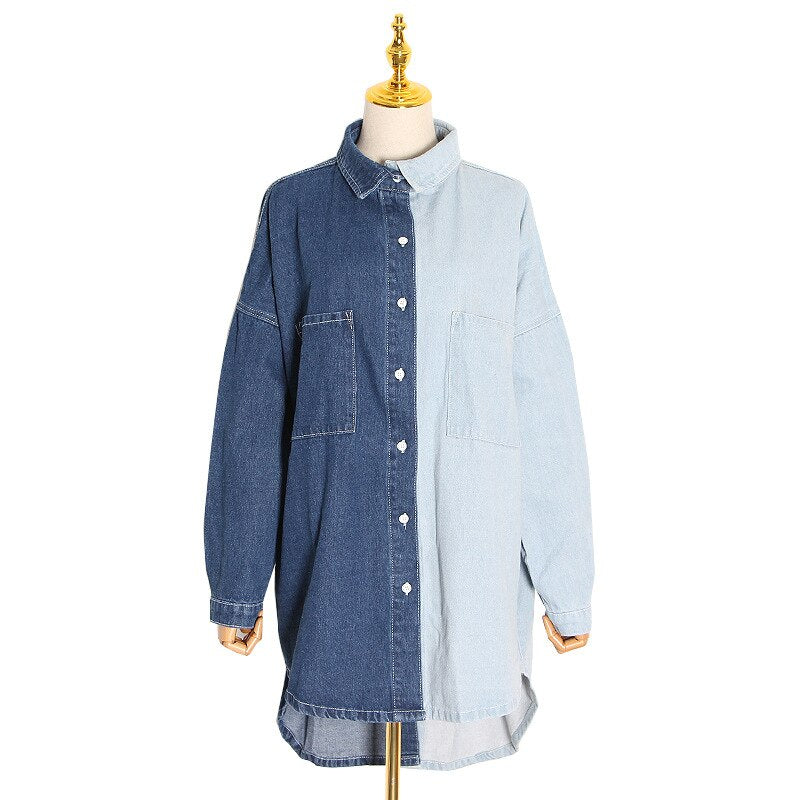 SuperAen Turn Down Collar Shirt Autumn  New Fashion Contrast Patchwork Full Jeans Womens Tops