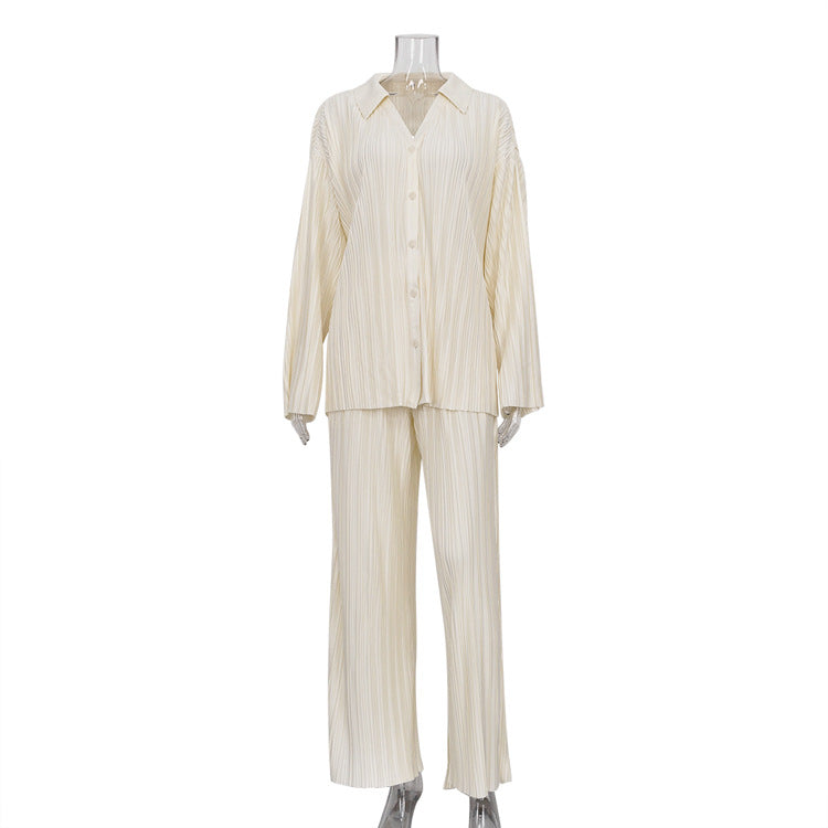 Clacive Fashion Long Sleeve Blouses Womens Two Peice Sets Casual Loose Slit Wide Trouser Suits Elegant White Pleated Female Set